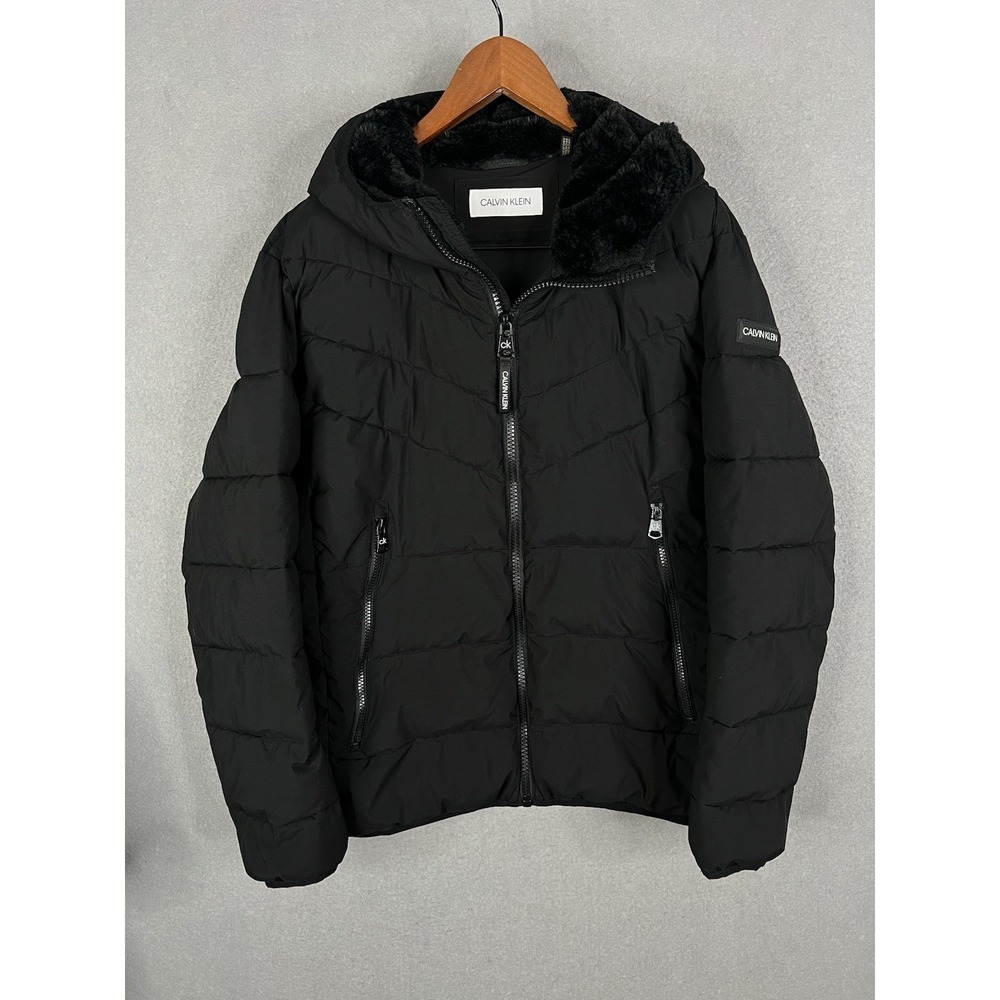 Calvin Klein Womens L Infinite Stretch Hooded Puffer Jacket Black‎ Warm EUC